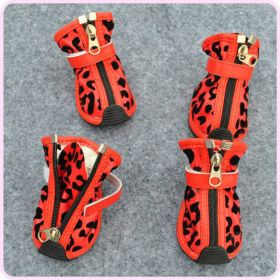 New Fashion PU Leopard Print Pet Shoes (Option: Red-Size3)